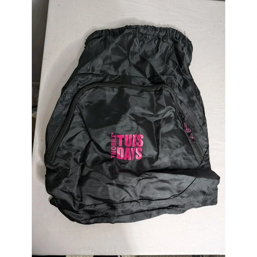 T Mobile Tuesdays Black pink nylon‎ drawstring backpack bag with zippered pocket
